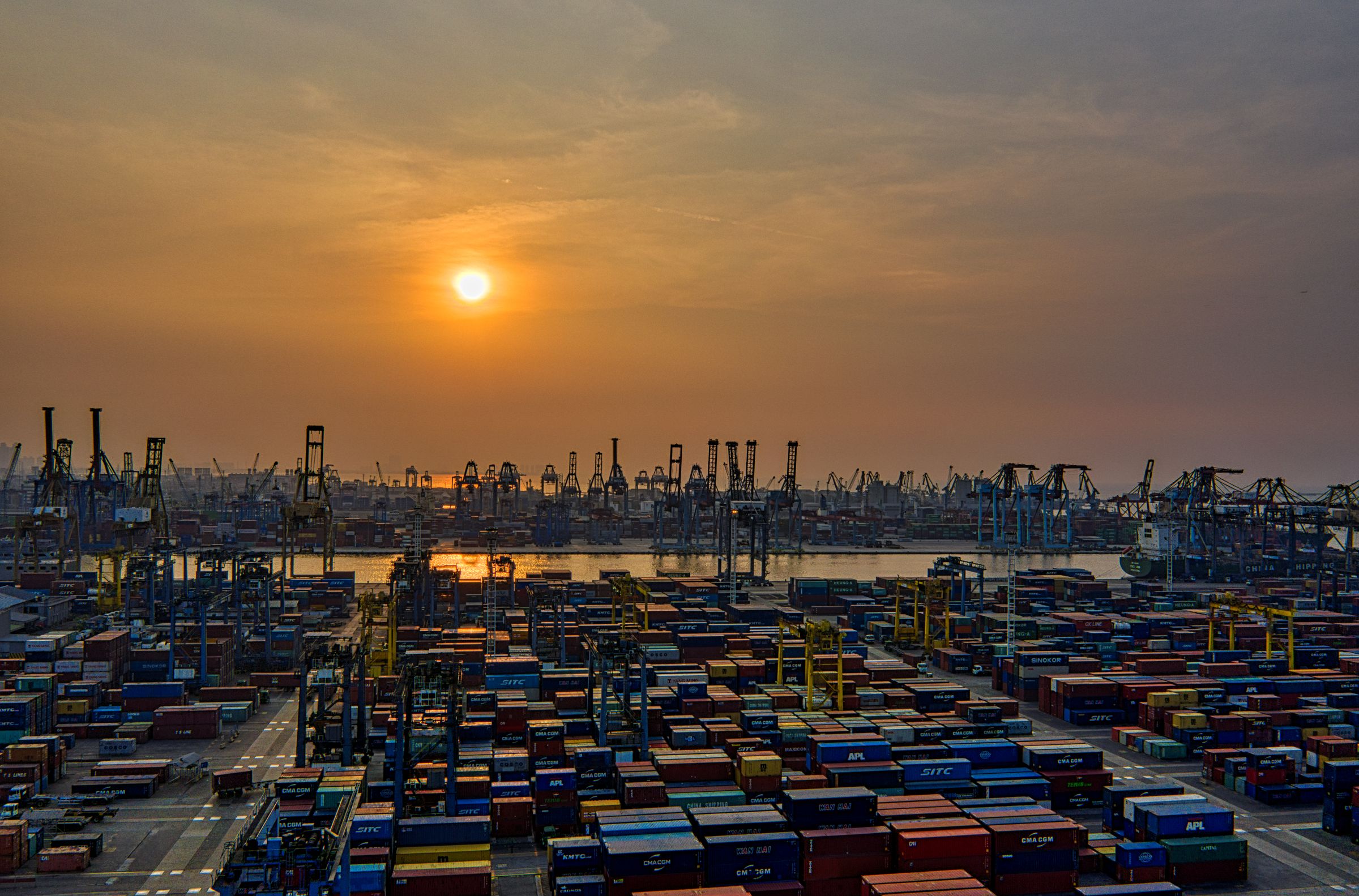 Container port at sunset